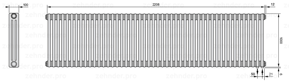 Схема (чертеж) Радиатор Zehnder Charleston 3100/48 №5510 Белый глянцевый RAL 9016